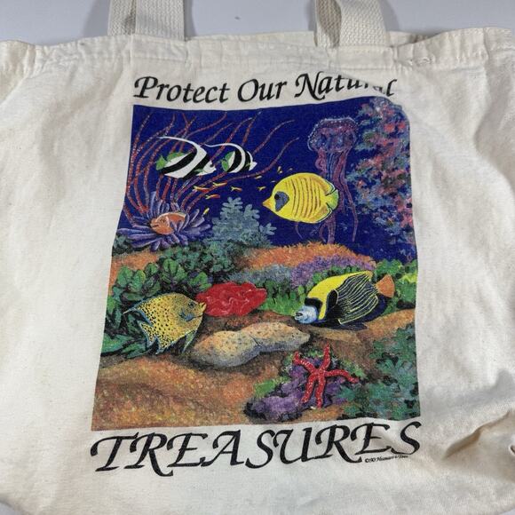 Vintage 90s Sea life Fish Ocean Eco Friendly Printed Canvas Tote Bag - Cream OS - Picture 2 of 10